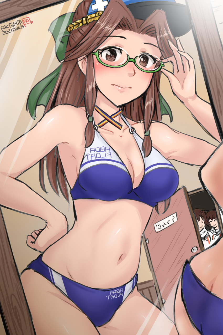 3girls, absurdres, bespectacled, bikini, bow, brown_eyes, brown_hair, commentary_request