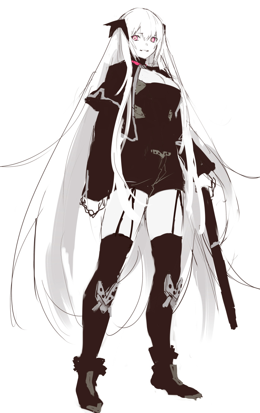 1girl, absurdres, beak_(girls_frontline), black_footwear, black_jacket, black_legwear, black_ribbon, breasts, eyebrows_visible_through_hair, ff_frbb122, girls_frontline, greyscale, hair_ornament, hair_ribbon, highres, holding, holding_weapon, jacket, long_hair, looking_at_viewer, monochrome, ribbon, silver_hair, smile, solo, standing, thigh-highs, very_long_hair, violet_eyes, weapon, white_background