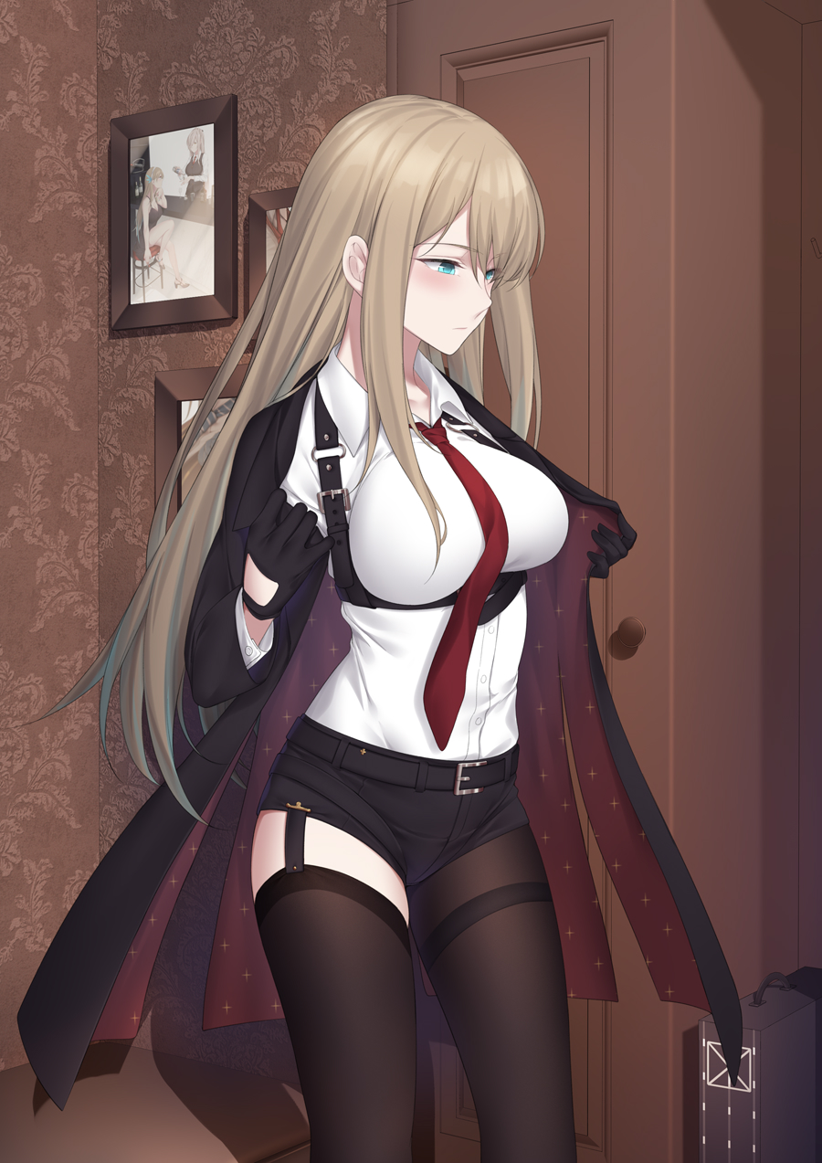 1girl, alternate_costume, asymmetrical_legwear, black_gloves, black_legwear, black_shorts, breasts, garter_straps