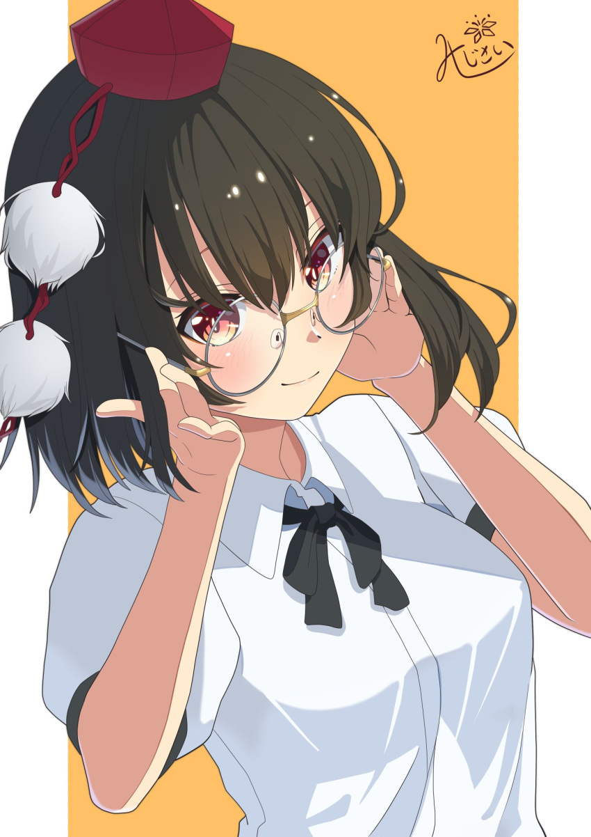 1girl, amanoyayuki, bespectacled, breasts, closed_mouth, commentary_request, glasses, highres, medium_breasts, puffy_short_sleeves, puffy_sleeves, round_eyewear, shameimaru_aya, shirt, short_sleeves, signature, smile, solo, touhou, upper_body, white_shirt