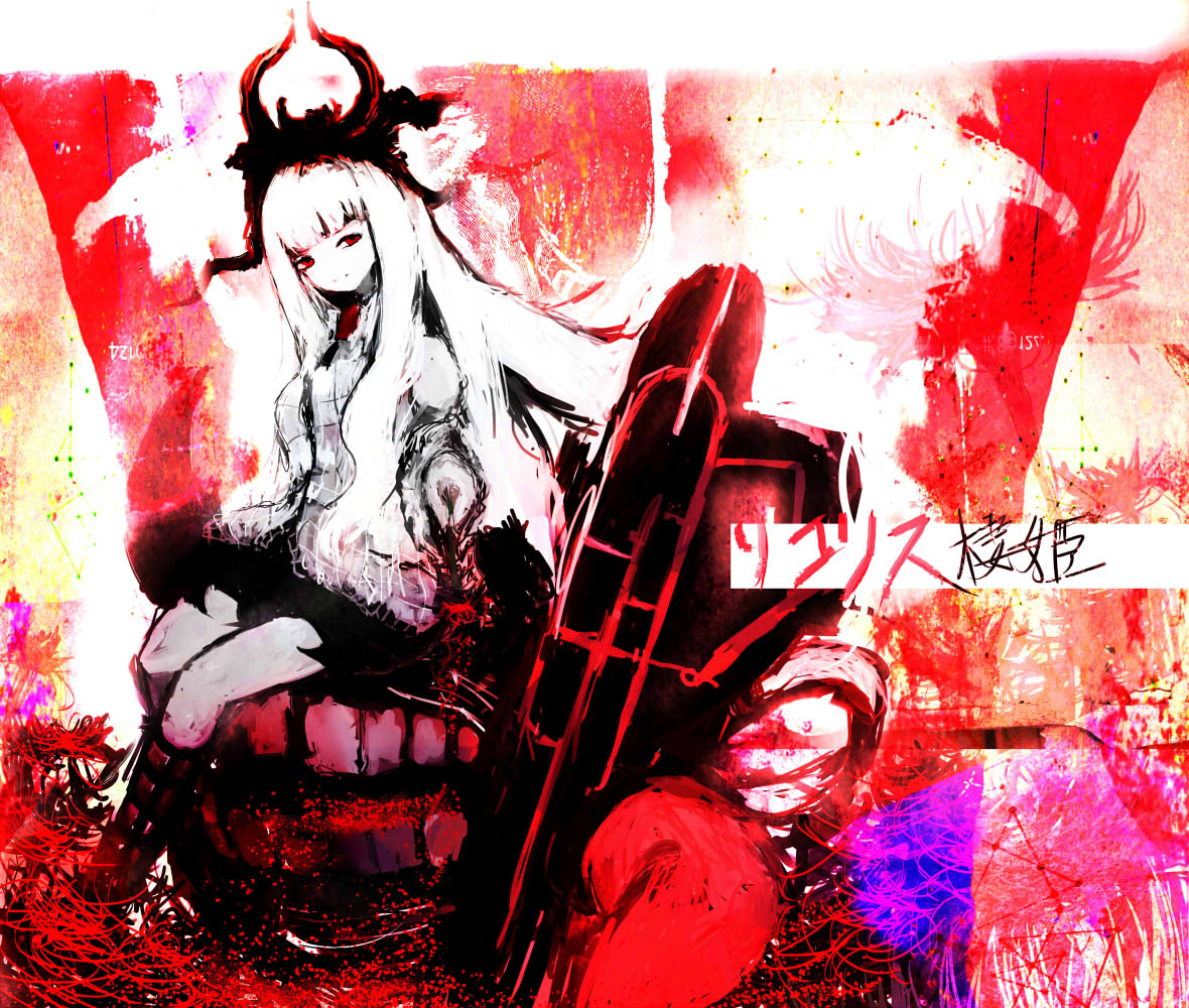 1girl, abyssal_ship, assi, colored_skin, flower, headwear, horns, kantai_collection