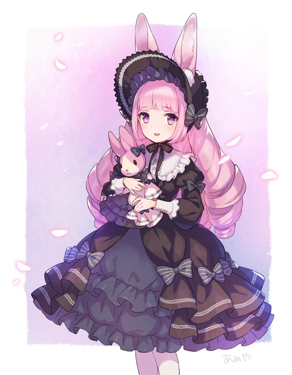 1girl, :d, ame8desu, animal_ear_fluff, animal_ears, black_dress, bonnet, bow_dress, cowboy_shot, doll_hug, dress, drill_hair, gothic_lolita, highres, juliet_sleeves, layered_dress, light_blush, lolita_fashion, long_dress, long_hair, long_sleeves, looking_at_viewer, open_mouth, original, pink_hair, puffy_sleeves, rabbit_ears, sleeve_cuffs, smile, solo, stuffed_animal, stuffed_bunny, stuffed_toy