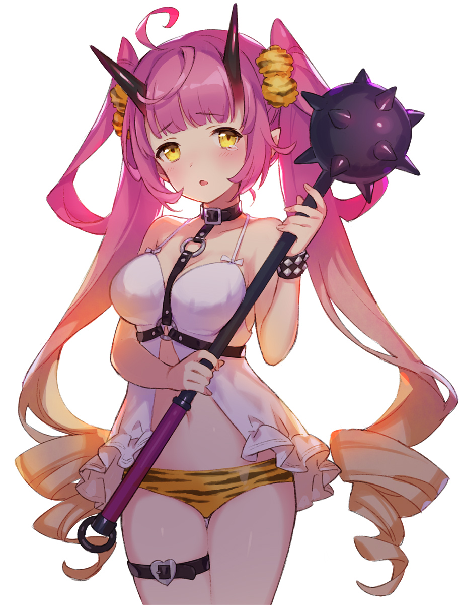1girl, ahoge, ame8desu, animal_print, babydoll, bangs, bare_arms, bare_shoulders