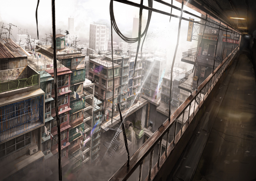 absurdres, air_conditioner, amanundius, antennae, bird, building, city, fence, highres, laundry, no_humans, original, outdoors, pipes, power_lines, railing, rooftop, rust, scenery, stairs