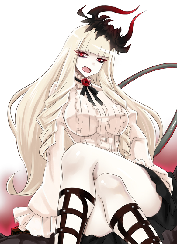 1girl, abyssal_ship, bangs, blonde_hair, blunt_bangs, breasts, crossed_legs, fang