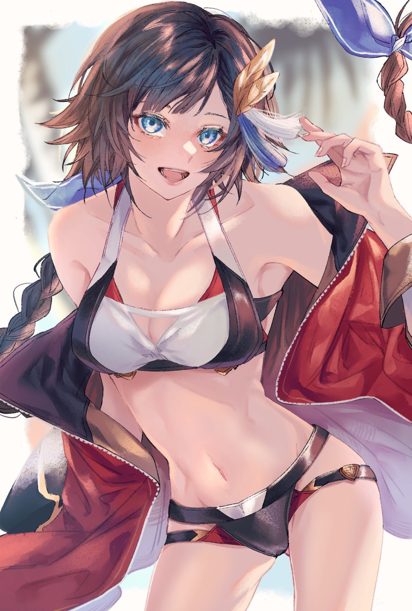1girl, collarbone, granblue_fantasy, highres, hood, leona_(granblue_fantasy), navel, omoti0mti, swimsuit