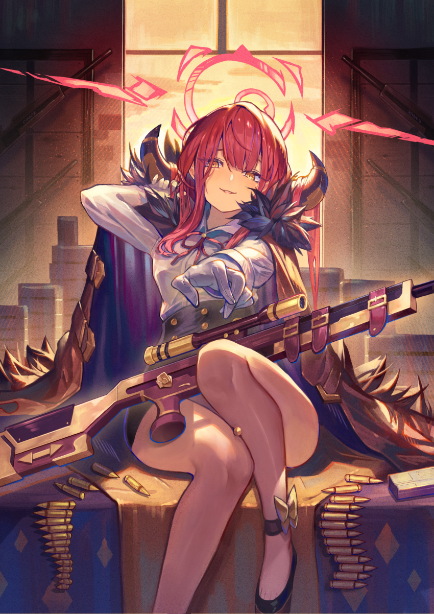 1girl, absurdres, adjusting_hair, ammunition_box, arm_up, aru_(blue_archive), bangs, black_footwear