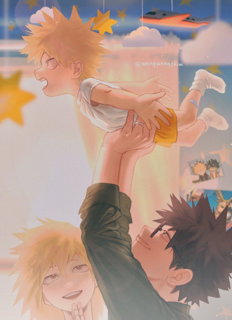 1girl, 2boys, :d, arms_up, bakugou_katsuki, bakugou_masaru, bakugou_mitsuki, black_hair