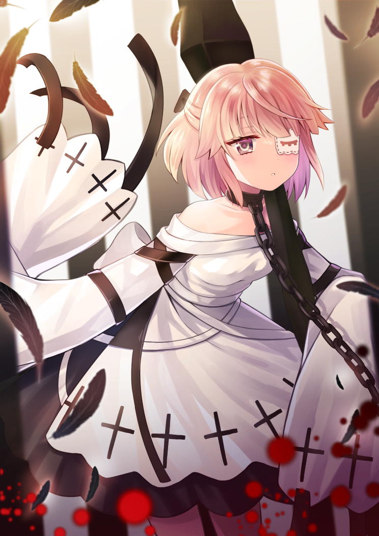 1girl, bangs, bare_shoulders, black_collar, black_feathers, blurry, brown_eyes, chain