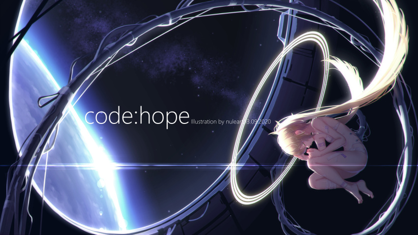 1girl, absurdly_long_hair, bandages, blonde_hair, cable, closed_eyes, commentary_request, cyberpunk