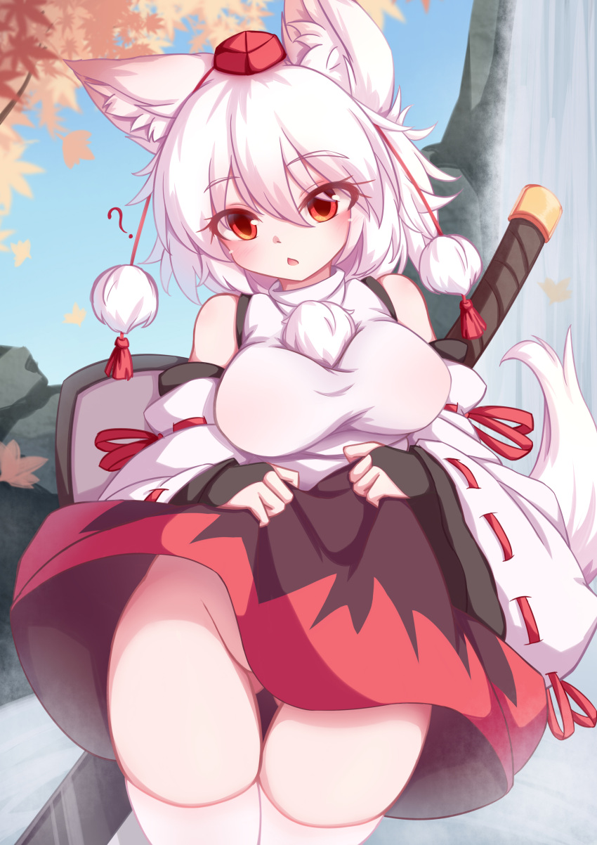 1girl, ?, absurdres, animal_ear_fluff, animal_ears, autumn_leaves, bare_shoulders, black_skirt