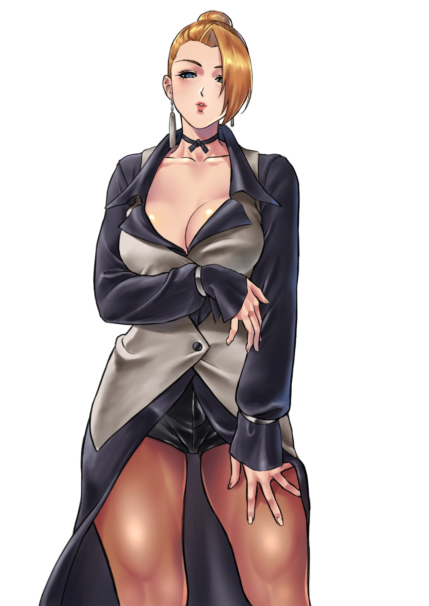 1girl, absurdres, arm_under_breasts, beniazumaru, blonde_hair, blue_eyes, breasts, brown_legwear