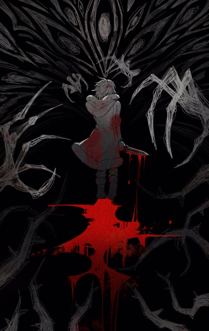 1boy, battle, blood, bloody_clothes, bloody_hair, bloody_hands, bloody_knife, bloody_weapon