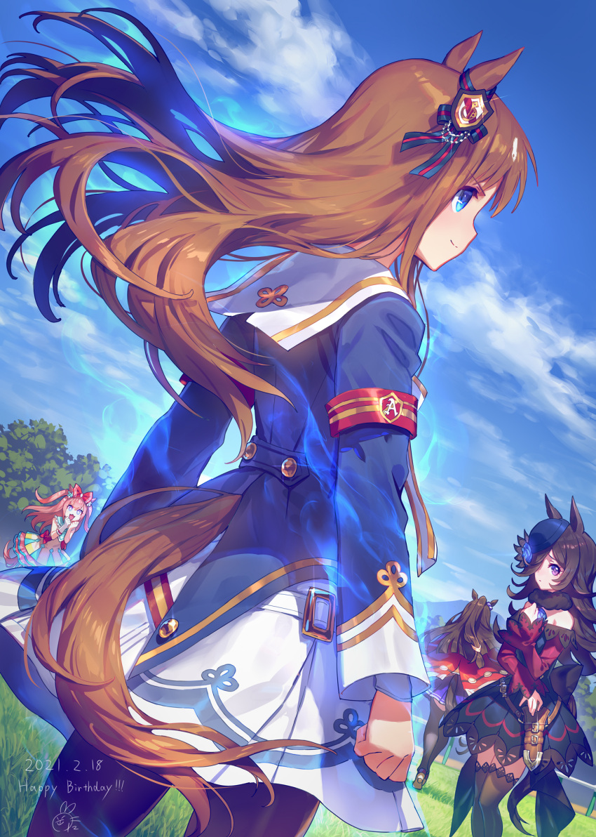4girls, agnes_digital, animal_ears, armband, artist_logo, aura, belt, belt_pouch