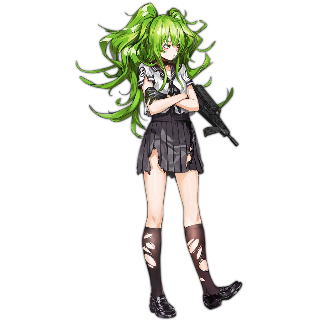 1girl, ahoge, bangs, black_footwear, black_gloves, black_legwear, black_sailor_collar, blush, breasts, calico_m950, choker, crossed_arms, girls_frontline, gloves, green_hair, gun, hair_between_eyes, holding, holding_gun, holding_weapon, infukun, kneehighs, long_hair, looking_at_viewer, looking_away, m950a_(girls_frontline), medium_breasts, messy_hair, official_alternate_costume, official_art, open_mouth, pleated_skirt, sailor_collar, school_uniform, serafuku, shirt, shoes, sidelocks, skirt, solo, submachine_gun, torn_clothes, torn_shirt, torn_skirt, transparent_background, twintails, weapon, yellow_eyes