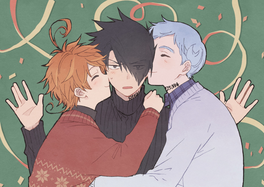 1girl, 2boys, ahoge, alternate_costume, azuki_(aduki), black_eyes, black_hair, black_sweater