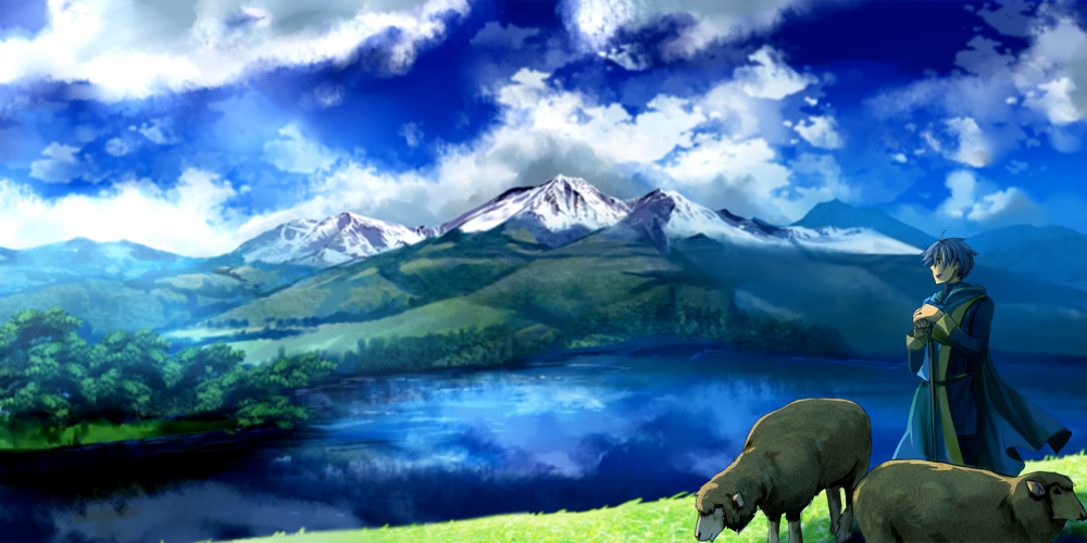 1boy, animal, blue_eyes, blue_hair, blue_sky, cloud, clouds, cloudy_sky