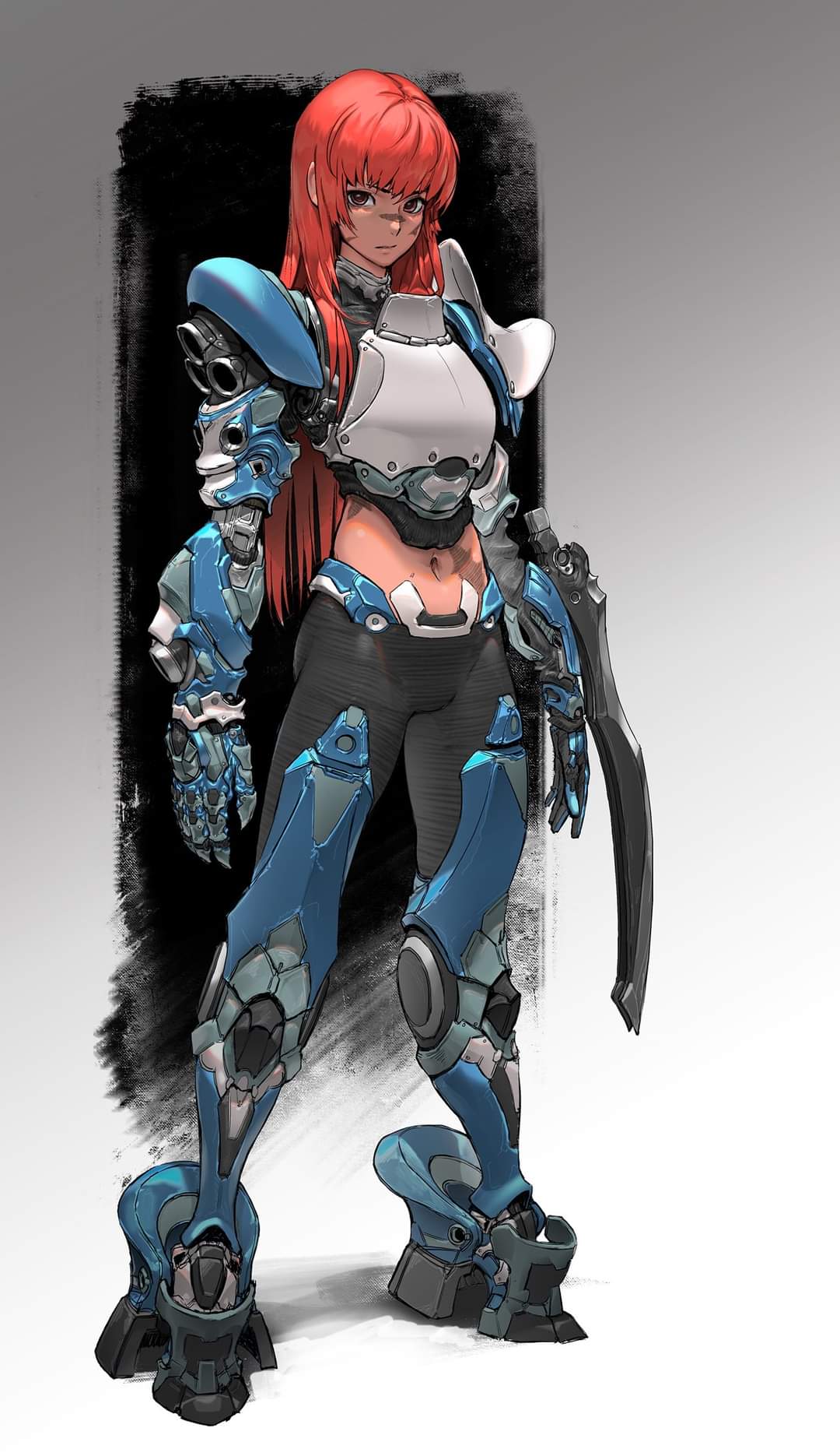 1girl, arm_blade, armor, bangs, black_pants, breastplate, full_body, highres, ksb_(qwop03), long_hair, looking_at_viewer, mecha_musume, midriff, navel, orange_hair, original, pants, power_suit, shoulder_armor, solo, standing, thrusters, tight, tight_pants, weapon