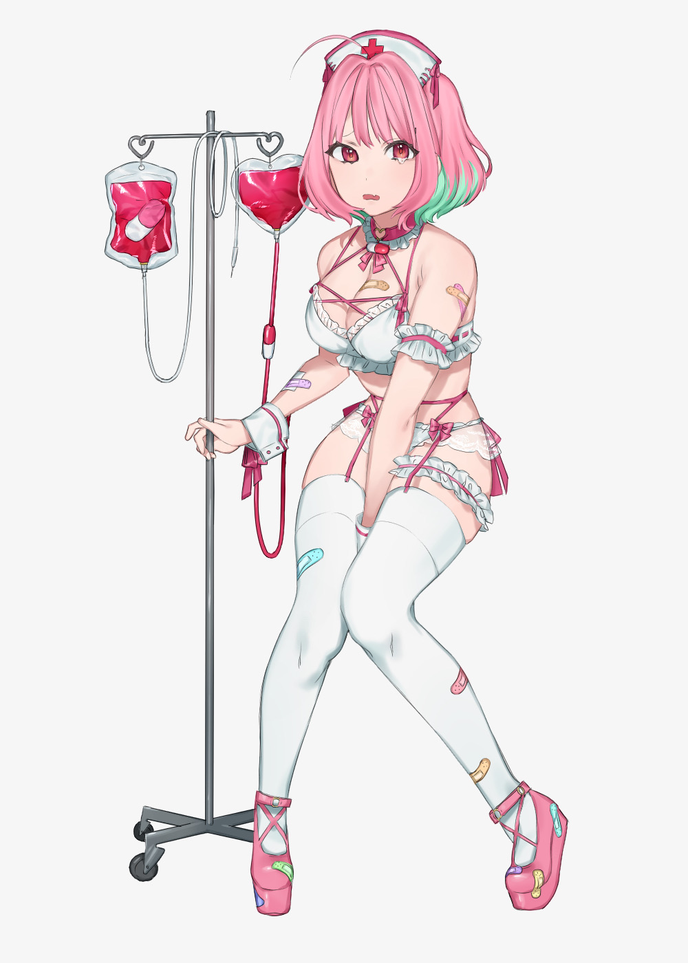 1girl, ahoge, arm_between_legs, bandaid, bandaid_on_arm, bandaid_on_clothes, bandaid_on_leg, bare_shoulders