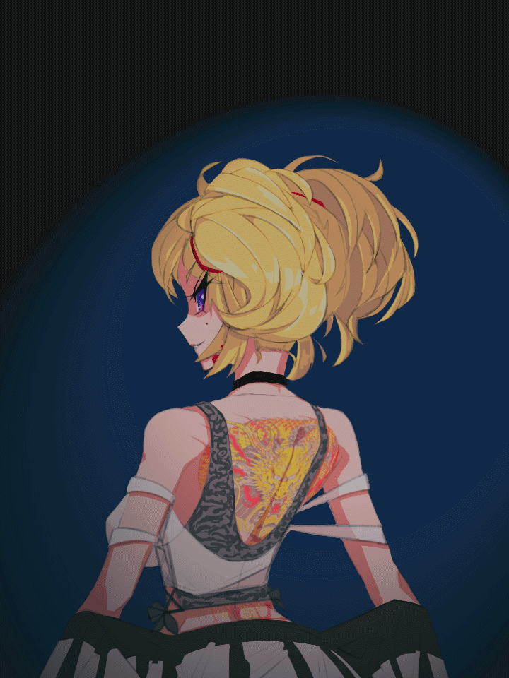 1girl, animal_print, back_tattoo, bangs, black_choker, choker, coco_kaine, crop_top