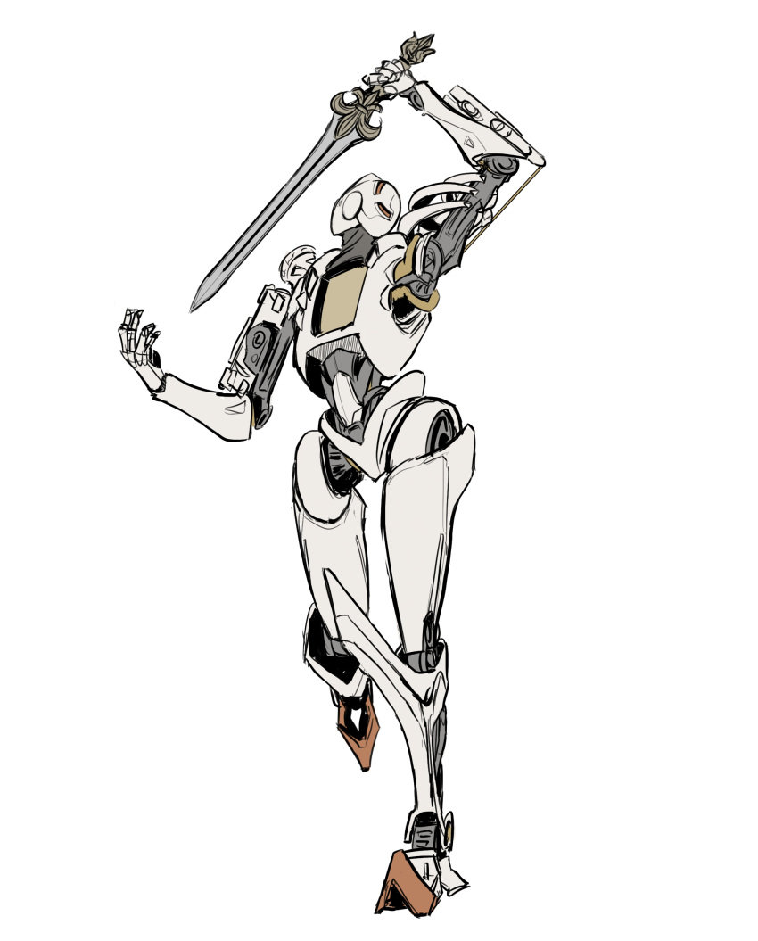 1boy, absurdres, apex_legends, full_body, highres, holding, holding_sword, holding_weapon, humanoid_robot, looking_up, male_focus, open_mouth, pathfinder_(apex_legends), robot, running, science_fiction, solo, sword, weapon, white_background, y_(user_rjry7778)