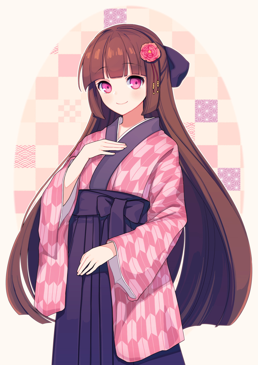 1girl, absurdres, bangs, blunt_bangs, breasts, brown_hair, closed_mouth, commentary_request, commission, cowboy_shot, eyebrows_visible_through_hair, flower, garan_co, hair_flower, hair_ornament, hair_ribbon, hakama, hand_on_own_chest, highres, japanese_clothes, kimono, long_hair, looking_at_viewer, original, pink_eyes, pink_flower, pink_kimono, purple_hakama, purple_ribbon, ranunculus, ribbon, simple_background, skeb_commission, sleeves_past_elbows, small_breasts, smile, solo, standing, very_long_hair, virtual_youtuber, white_background, wide_sleeves