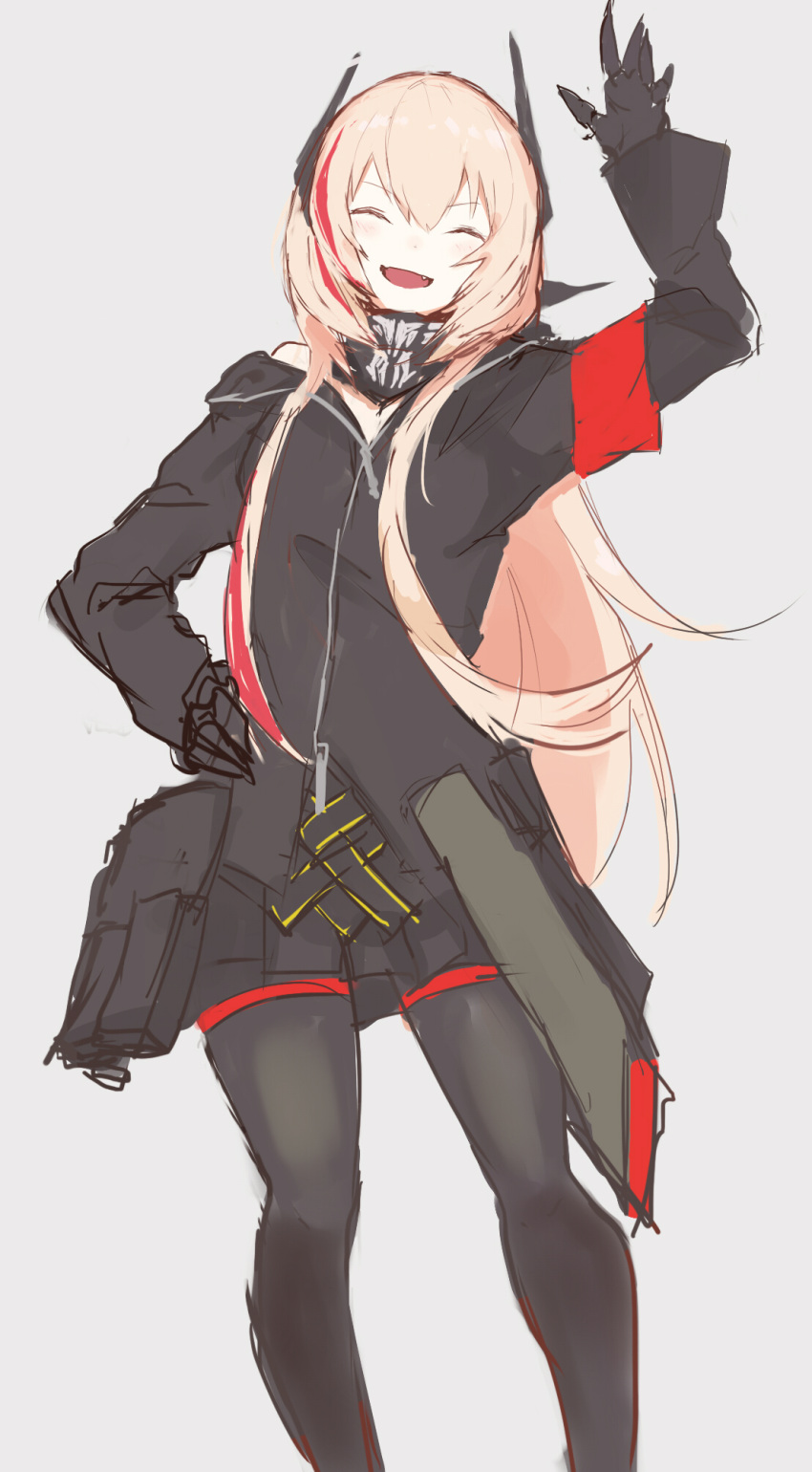 1girl, bag, black_gloves, black_jacket, black_legwear, black_scarf, black_skirt, blush, closed_eyes, eyebrows_visible_through_hair, ff_frbb122, girls_frontline, gloves, grey_background, hand_on_hip, hand_up, headphones, highres, jacket, long_hair, m4_sopmod_ii_(girls_frontline), mechanical_arms, multicolored_hair, open_mouth, pantyhose, pink_hair, scarf, skirt, solo, standing