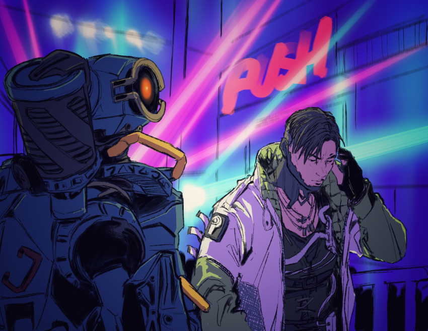 2boys, apex_legends, bangs, black_eyes, black_gloves, black_hair, crypto_(apex_legends), cyborg