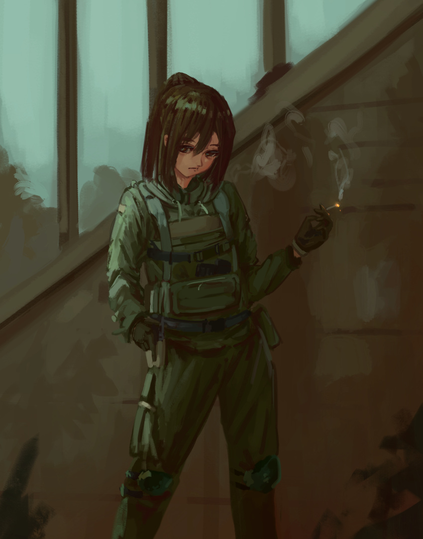 1girl, absurdres, black_eyes, black_gloves, black_hair, bulletproof_vest, cigarette, gloves