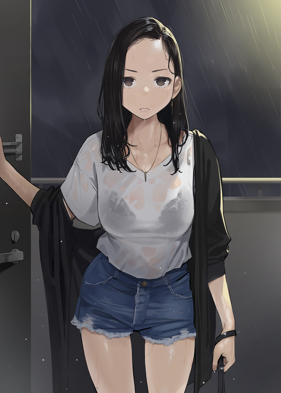 1girl, black_bra, black_hair, black_jacket, bra, collarbone, commentary_request, denim