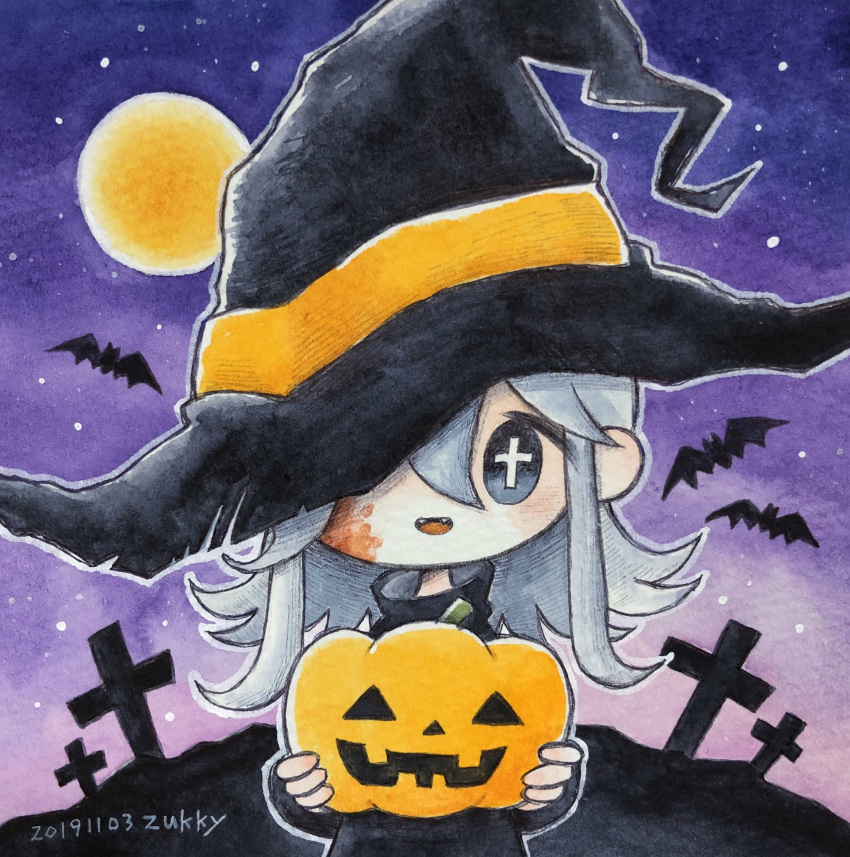 +_+, 1girl, bat, black_headwear, dated, grey_eyes, grey_hair, hair_over_one_eye