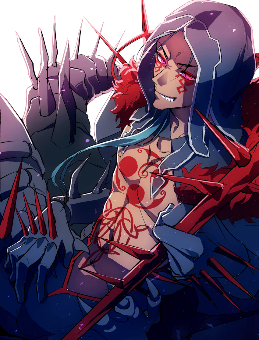 1boy, bare_pecs, black_gloves, blue_hair, chest_tattoo, cu_chulainn_(fate)_(all), cu_chulainn_alter_(fate/grand_order), dark_skin, dark_skinned_male, facial_mark, fate/grand_order, fate_(series), gae_bolg_(fate), gloves, grin, hair_over_shoulder, highres, holding, holding_spear, holding_weapon, hood, long_hair, male_focus, manomenou, monster_boy, polearm, red_eyes, sharp_teeth, smile, solo, spear, spikes, tail, tattoo, teeth, weapon, white_background