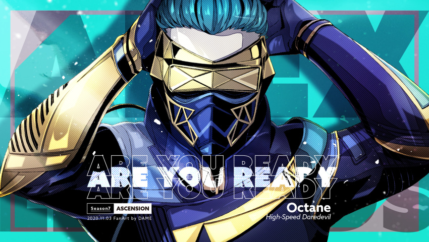 1boy, apex_legends, artist_name, blue_bodysuit, blue_gloves, blue_hair, bodysuit, character_name, dame_(dame_ice), dated, gloves, hair_slicked_back, hand_to_head, highres, male_focus, mask, mouth_mask, octane_(apex_legends), solo, upper_body