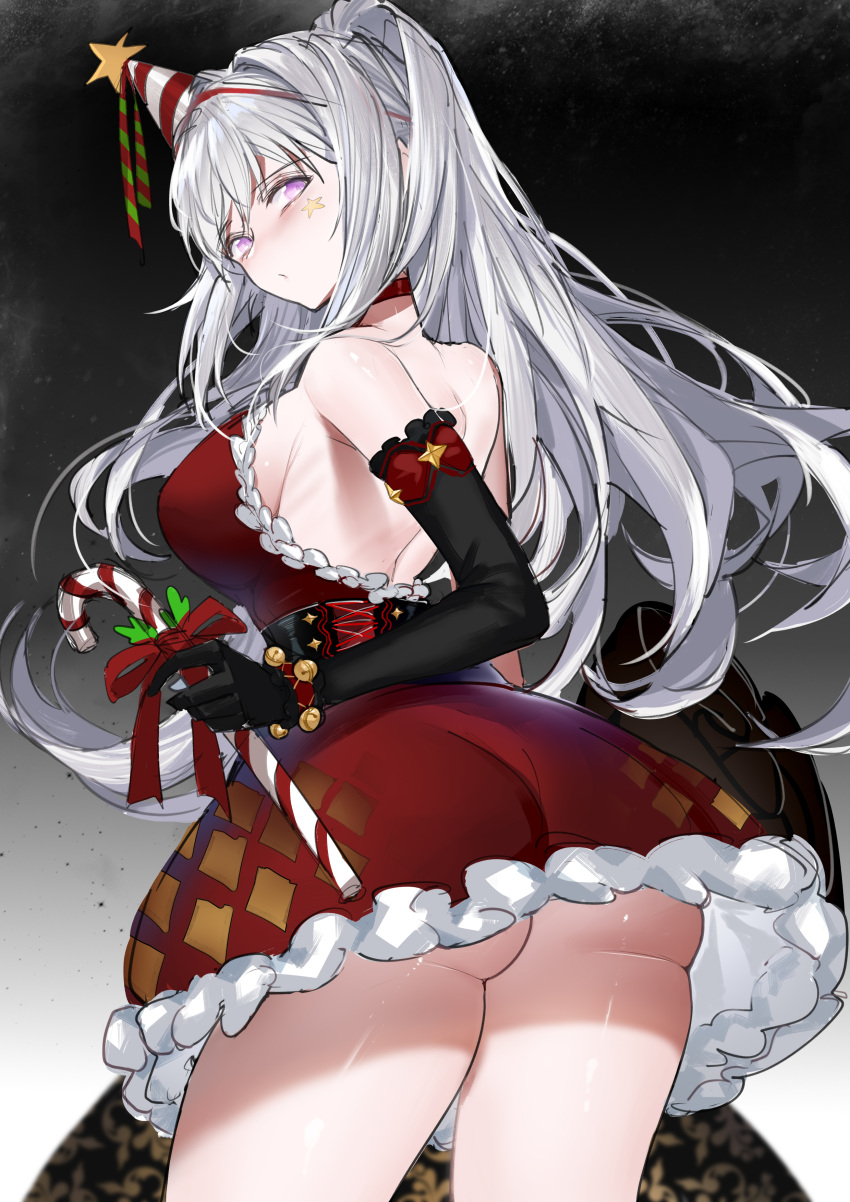 1girl, absurdres, ass, back, bare_shoulders, bell, black_gloves, bracelet