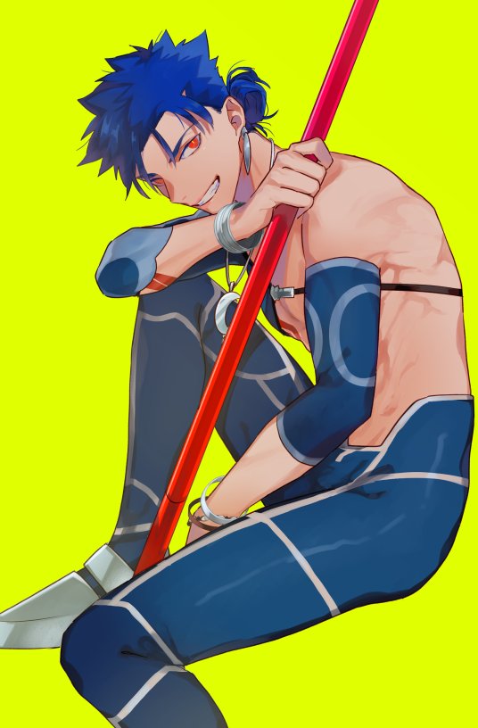 1boy, blue_hair, bracelet, chest_strap, closed_mouth, crescent_necklace, cu_chulainn_(fate)_(all), detached_sleeves