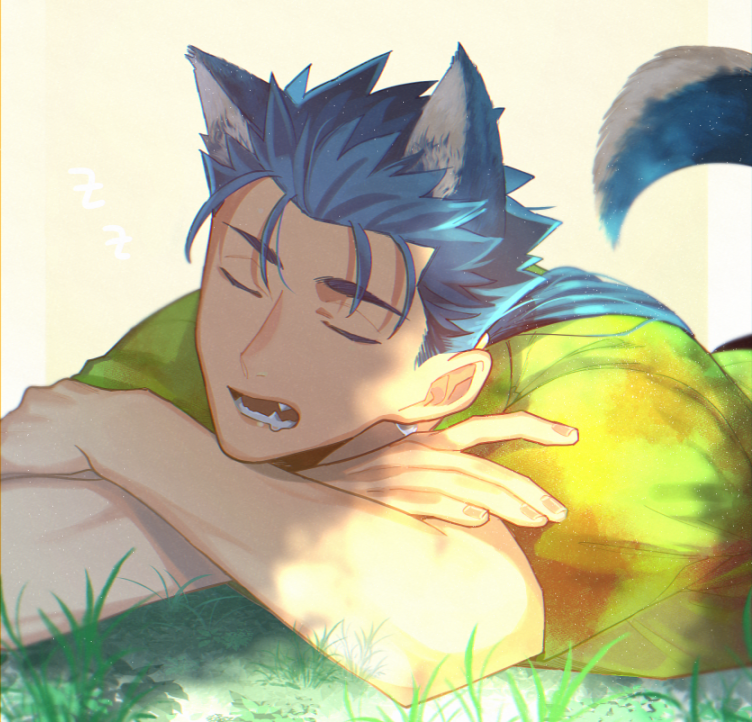 1boy, alternate_costume, animal_ears, blue_hair, closed_eyes, crossed_arms, cu_chulainn_(fate)_(all), dog_ears