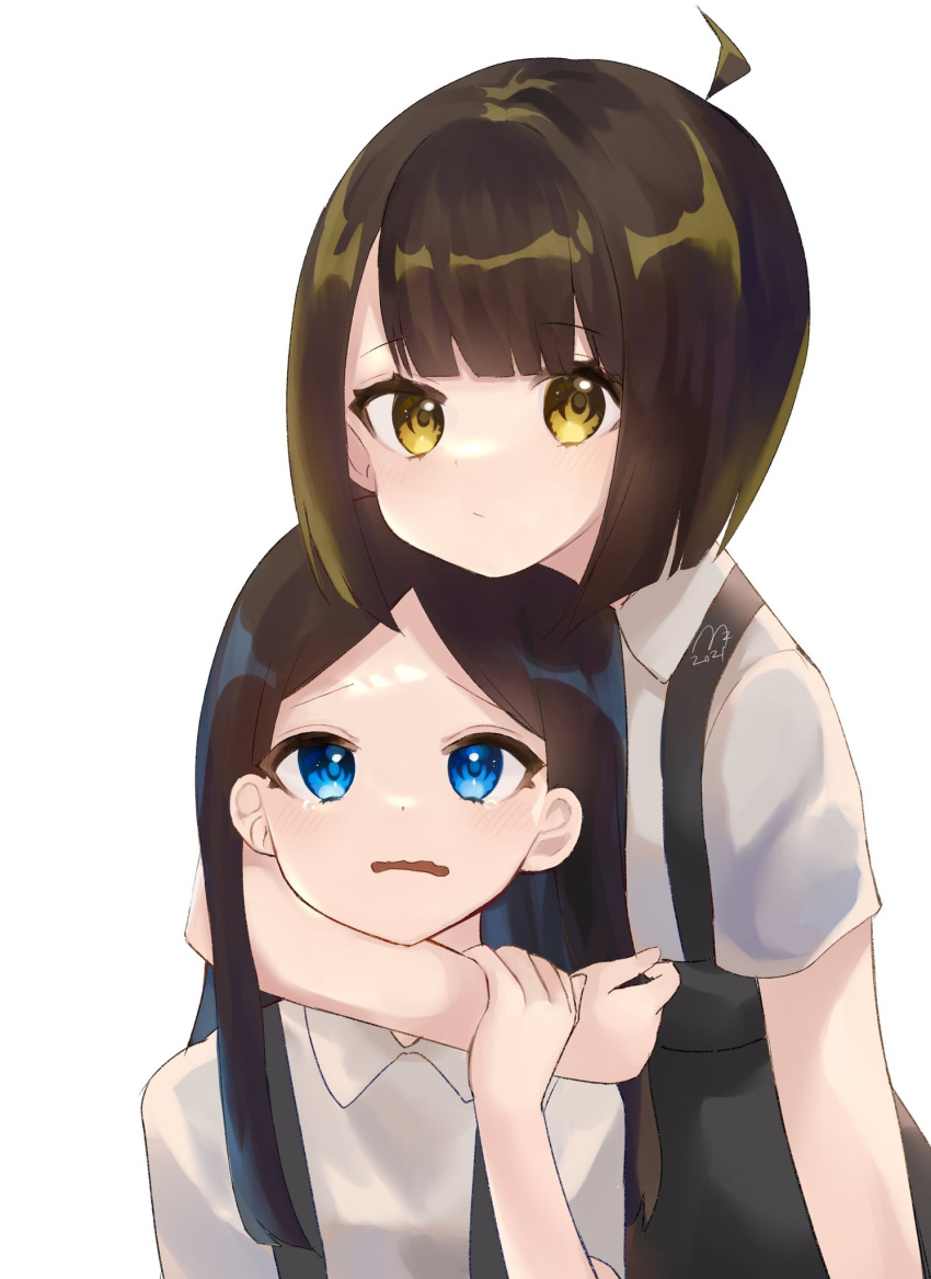 2girls, arm_around_shoulder, bangs, black_hair, black_skirt, blue_eyes, blunt_bangs, collared_shirt