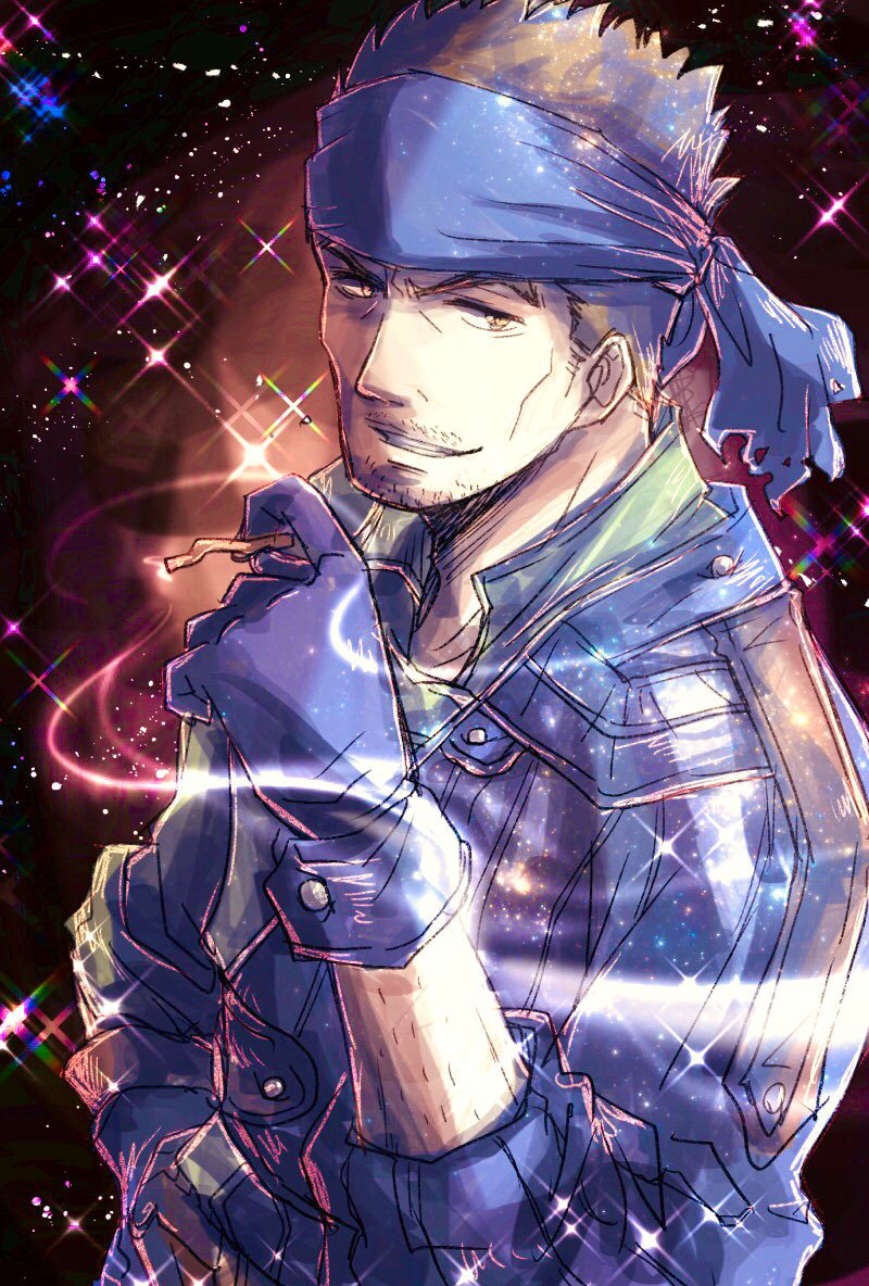 1boy, badrach, bandana, blue_gloves, blue_headwear, brown_hair, cigarette, gloves