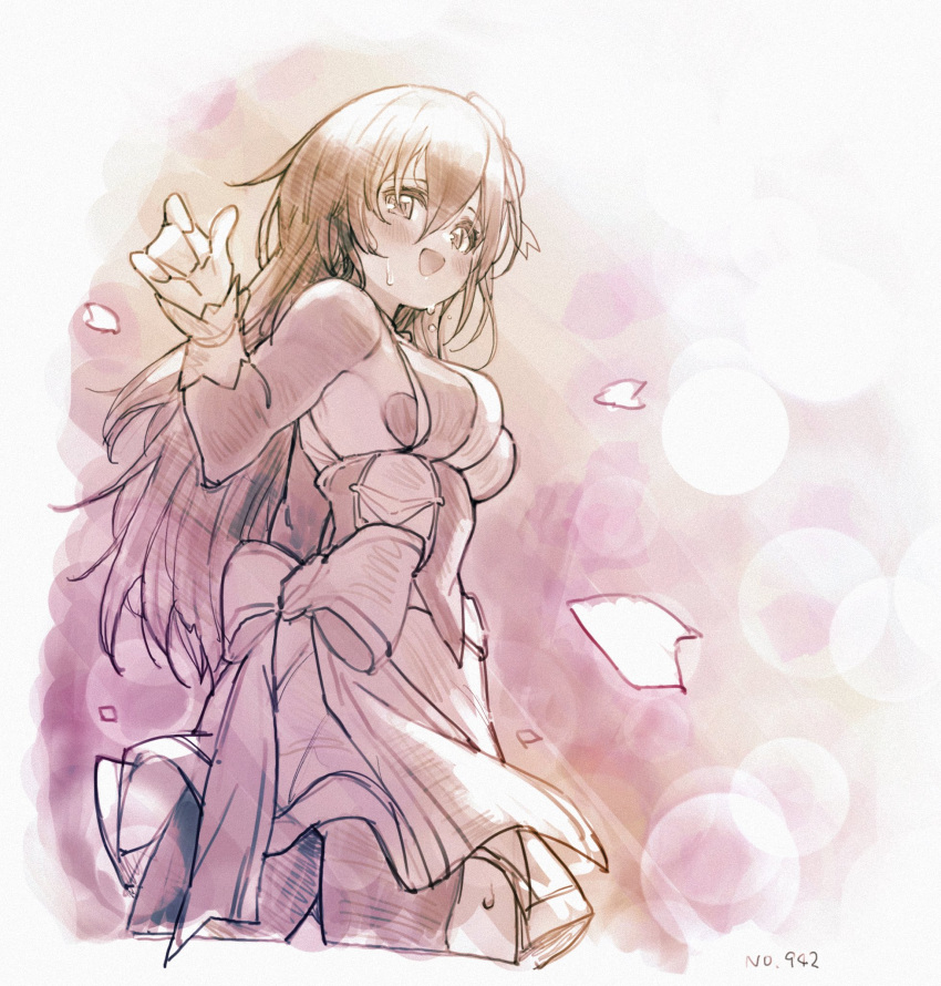 1girl, android, bangs, blush, breasts, dress, greyscale, hair_between_eyes