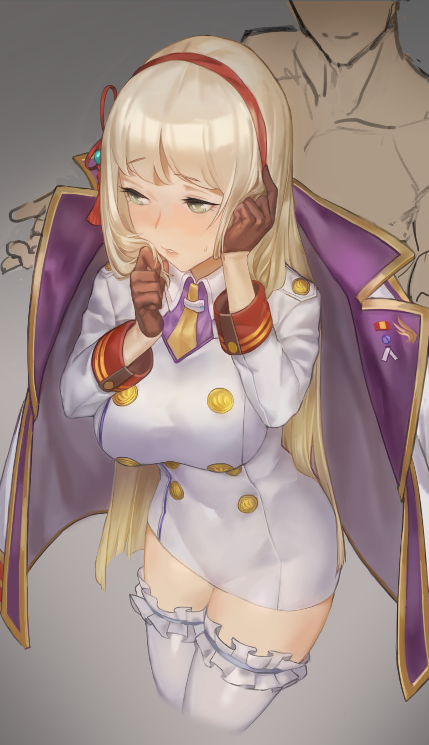 1boy, 1girl, absurdres, blonde_hair, blush, brown_gloves, closed_mouth, clothed_female_nude_male