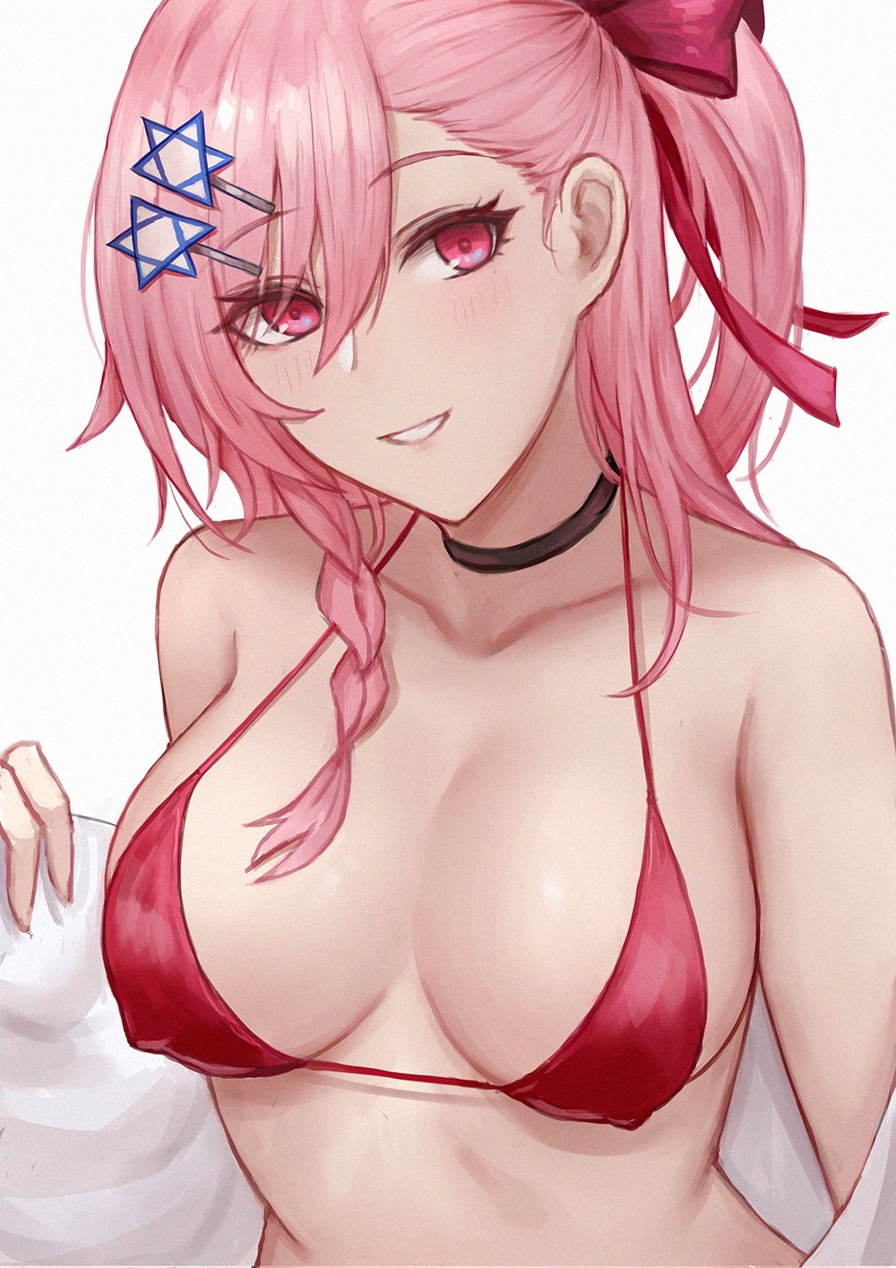 1girl, bare_shoulders, bikini, bikini_top, blush, braid, breasts, choker