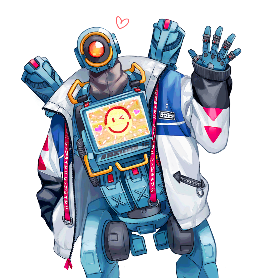 1boy, apex_legends, heart, humanoid_robot, jacket, leaning_to_the_side, looking_at_viewer, male_focus