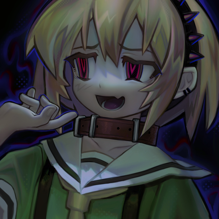 1girl, belt_buckle, belt_collar, blonde_hair, buckle, collar, fang, hair_between_eyes
