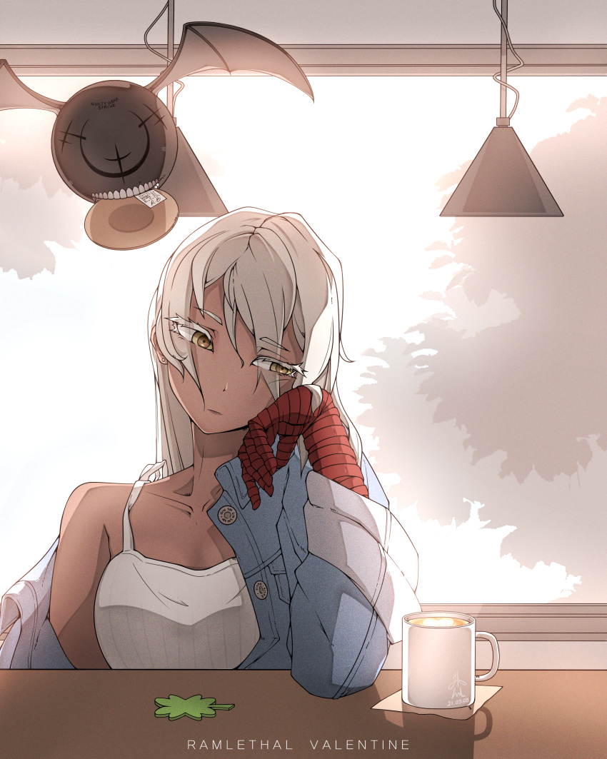 1girl, absurdres, bandages, cafe, casual, clover, coffee_mug, cup