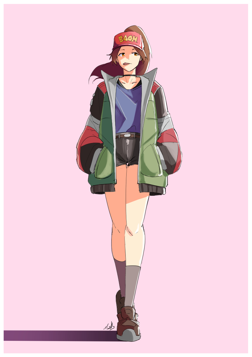 1girl, ankle_boots, automatic_giraffe, baseball_cap, black_choker, black_shorts, boots, border