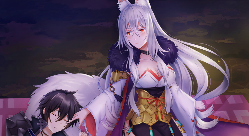 1boy, 1girl, animal_ear_fluff, animal_ears, black_hair, blush, breasts, cometalice