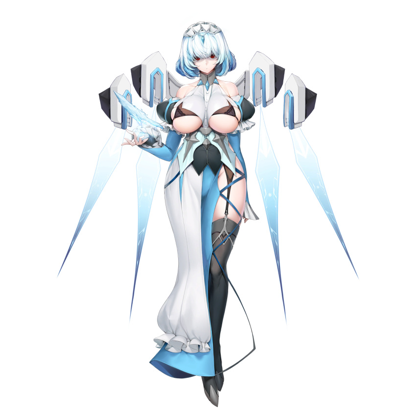 1girl, bangs, bob_cut, breasts, dress, expressionless, full_body, hair_between_eyes, highres, jitome, large_breasts, last_origin, light_blue_hair, maid_headdress, red_eyes, shaded_face, short_hair, side_slit, snowball22, tachi-e, titania_frost, transparent_background, wings