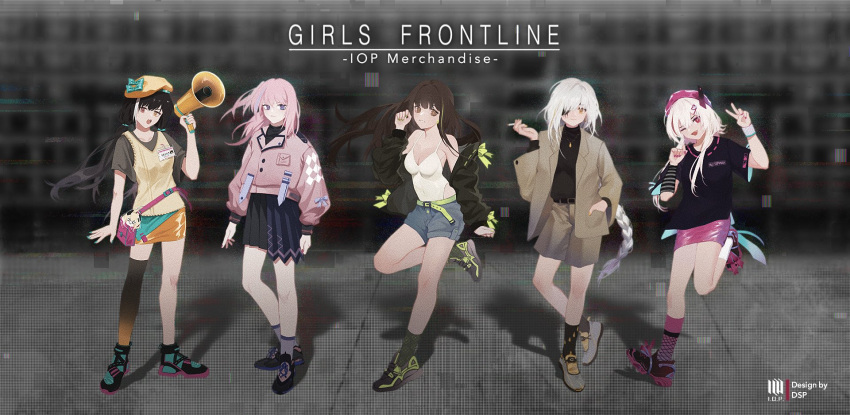 5girls, alternate_costume, anti-rain_(girls_frontline), asymmetrical_legwear, belt_pouch, cigarette, dsp0355, eyepatch, girls_frontline, highres, m16a1_(girls_frontline)_(boss), m4_sopmod_ii_(girls_frontline), m4_sopmod_ii_jr, m4a1_(girls_frontline), megaphone, miniskirt, multiple_girls, pouch, ro635_(girls_frontline), scar, scar_across_eye, shoes, shorts, skirt, sneakers, socks, st_ar-15_(girls_frontline), thigh-highs