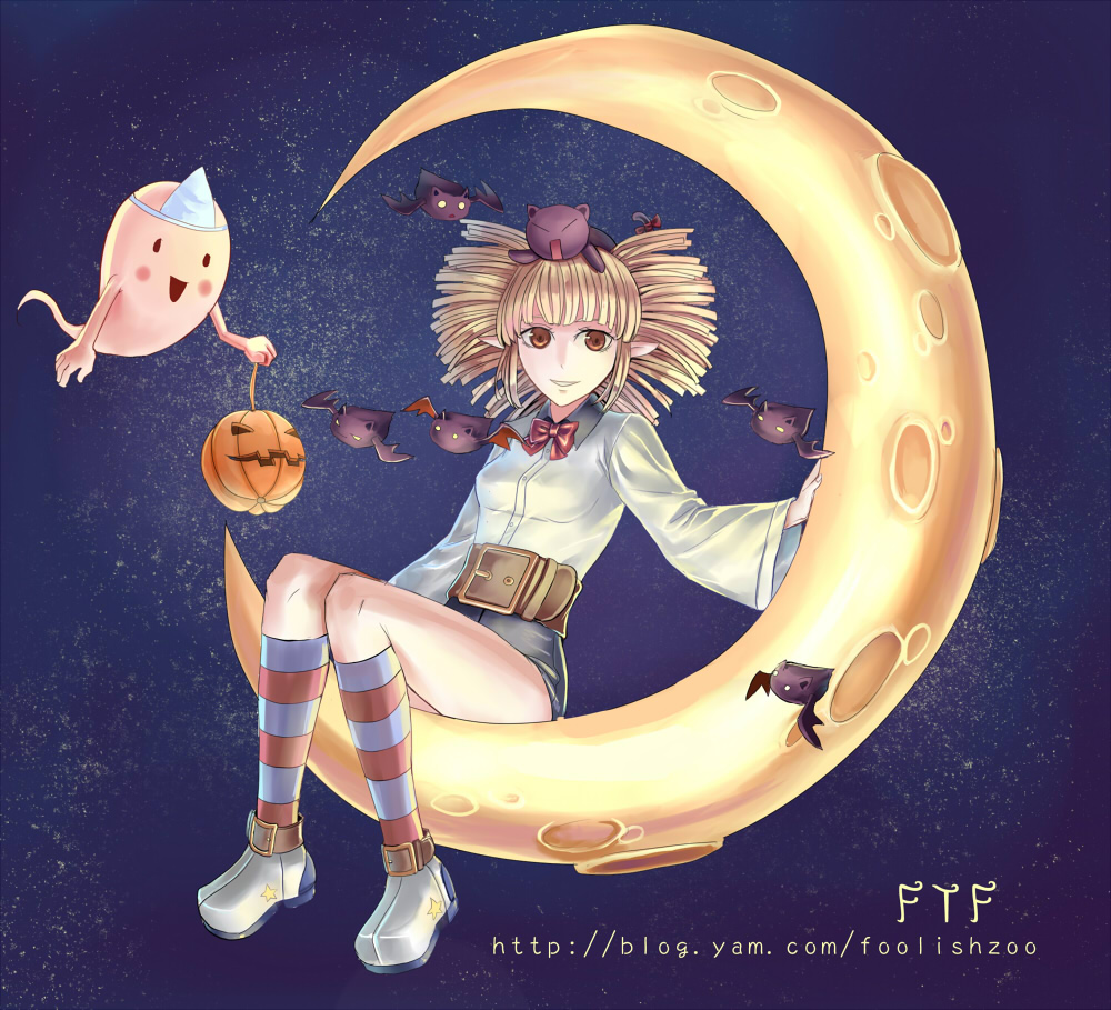 1girl, animal_on_head, bangs, bat, belt, black_shorts, blonde_hair, blouse, blue_legwear, blush, bow, bowtie, brown_belt, brown_eyes, cat, cat_on_head, collared_blouse, commentary_request, crescent_moon, ftf, full_body, ghost, grin, jack-o'-lantern, kneehighs, loli_ruri, long_sleeves, looking_at_viewer, lude_(ragnarok_online), medium_hair, moon, on_head, open_mouth, pointy_ears, pumpkin, ragnarok_online, red_bow, red_legwear, shoes, shorts, signature, sitting, sky, smile, star_(sky), starry_sky, striped, striped_legwear, triangular_headpiece, watermark, web_address, white_blouse, white_footwear