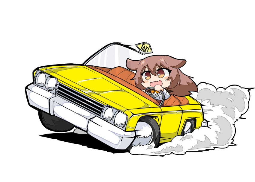 1girl, animal_ears, bone_hair_ornament, braid, brown_hair, car, chibi, crazy_taxi
